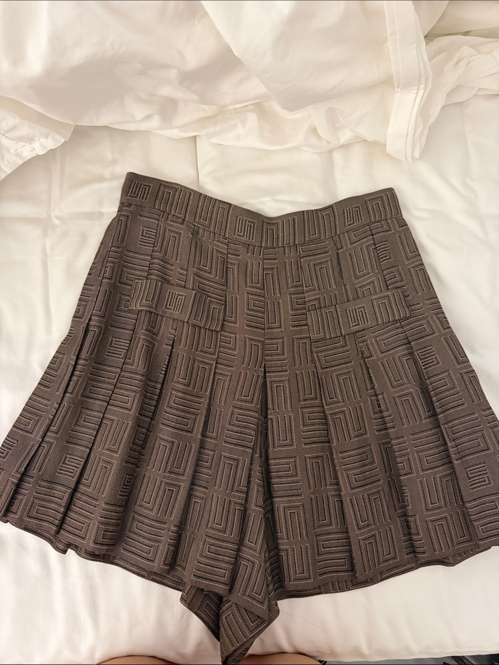 Sandro Textured Geometric Pleated Skirt-Style Shorts in Chocolate Brown
